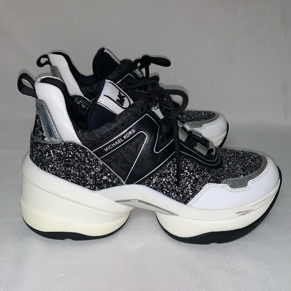 MICHAEL KORS Olympia Glitter Trainer Sneaker Women’s Black Silver 8.5M Lace Up - Picture 7 of 17